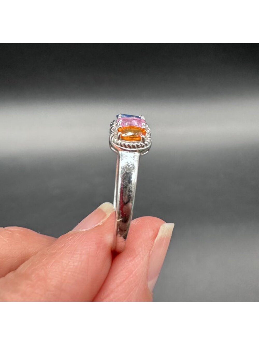 Vintage Sterling Silver Multicolor Gemstone Ring Rainbow Statement Size 10.75 - Picture 4 of 11